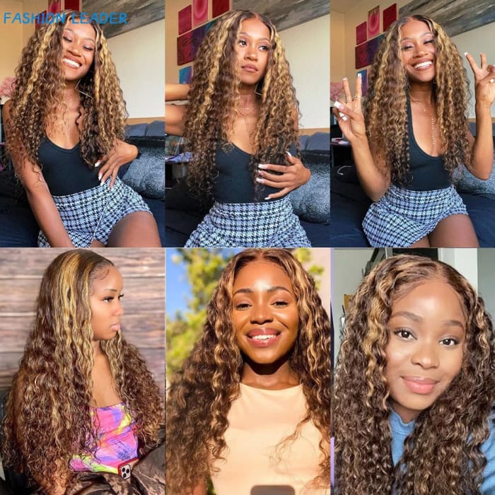 Highlight Wig Human Hair Deep Wave Frontal Wig T Part Ombre Transparent Lace Front Wig Curly Human Hair Wig 30 Inch Hair Extension