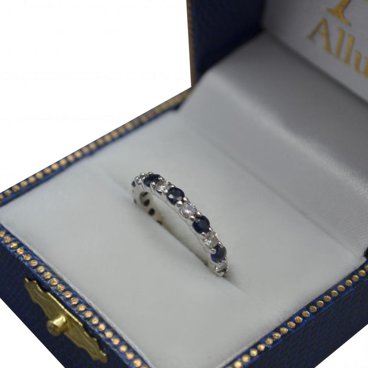 Eternity Diamond and Blue Sapphire Ring Band 14k White Gold (2.35ct)