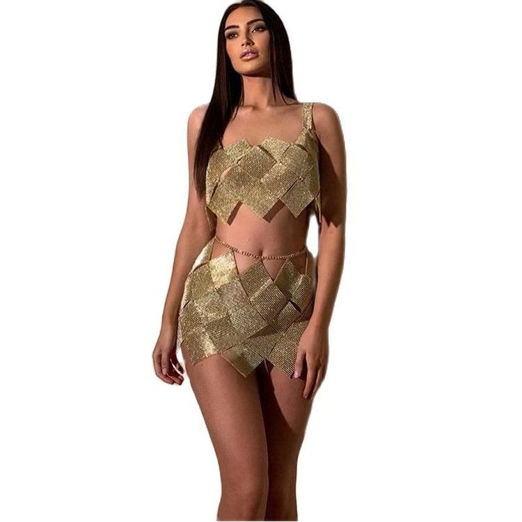 Women 2 Piece Set Shiny Crystal Sexy Hollow Out Sleeveless Backless Halter Tank Top Metal Chain Rhinestone Diamond Mini Skirt