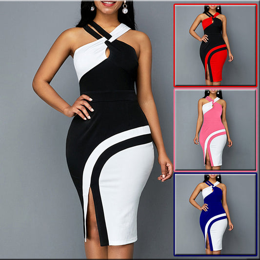 Women Fashion Patchwork Dress 2022 Summer New Sexy Halter Slit Bodycon Slip Dress Female Casual Robe High Waist Party Dresses