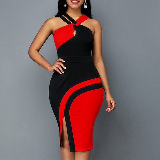 Women Fashion Patchwork Dress 2022 Summer New Sexy Halter Slit Bodycon Slip Dress Female Casual Robe High Waist Party Dresses