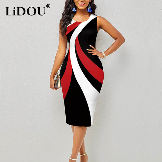 Summer Fashion Vintage Polka Dot Plaid Print Splicing Bodycon Dress Sleeveless Office Elegant Sheath Evening Party Dresses Women