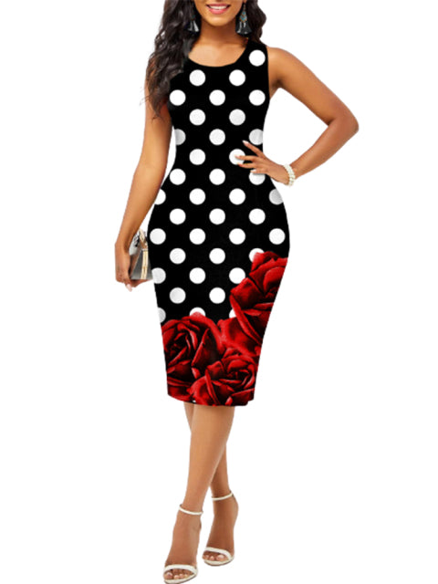 Summer Fashion Vintage Polka Dot Plaid Print Splicing Bodycon Dress Sleeveless Office Elegant Sheath Evening Party Dresses Women