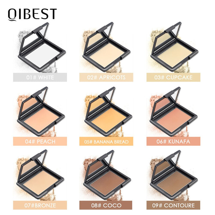 QIBEST 9 Colors Professional Face Powder Oil Control Brighten Full Coverage Concealer Long Lasting Makeup Compact Setting Powder