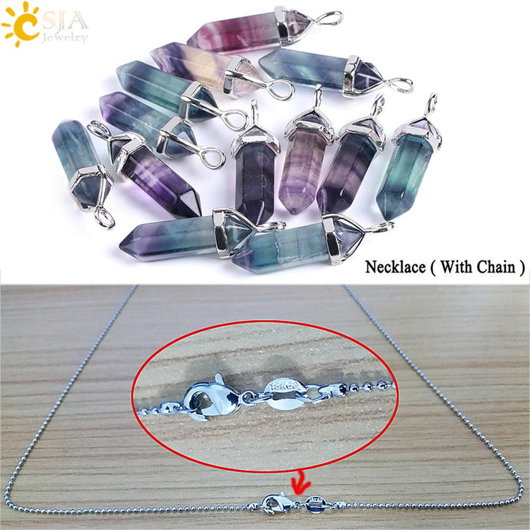 CSJA Fluorite Necklaces Crystal Pendants Suspension Natural Gem Stone Quartz Bullet Hexagonal Pendulum Reiki Chakra pendulo E546