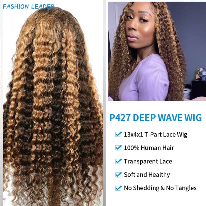 Highlight Wig Human Hair Deep Wave Frontal Wig T Part Ombre Transparent Lace Front Wig Curly Human Hair Wig 30 Inch Hair Extension
