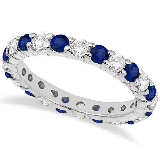 Eternity Diamond and Blue Sapphire Ring Band 14k White Gold (2.35ct)