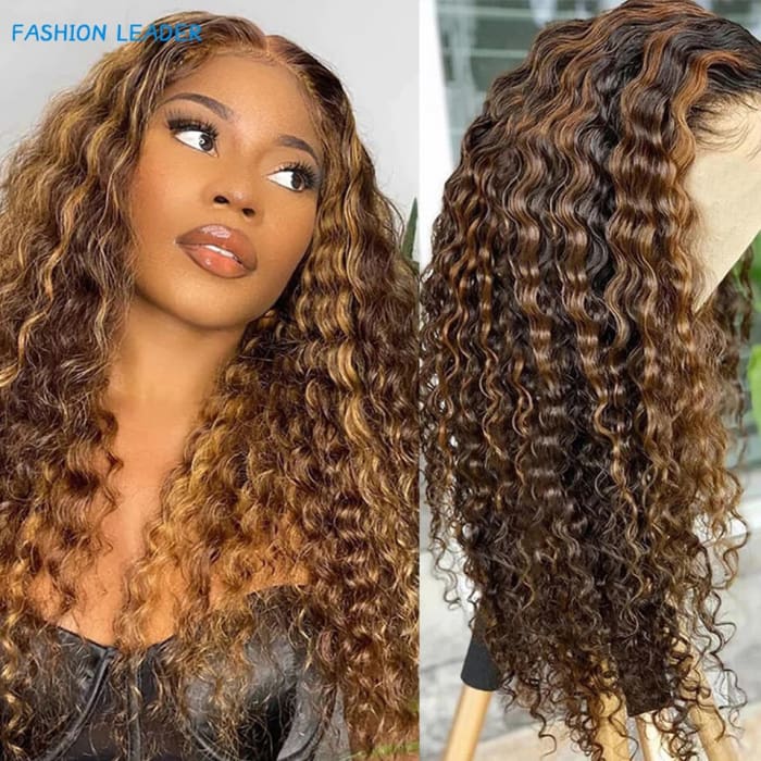 Highlight Wig Human Hair Deep Wave Frontal Wig T Part Ombre Transparent Lace Front Wig Curly Human Hair Wig 30 Inch P427 Deep Wave Wig /