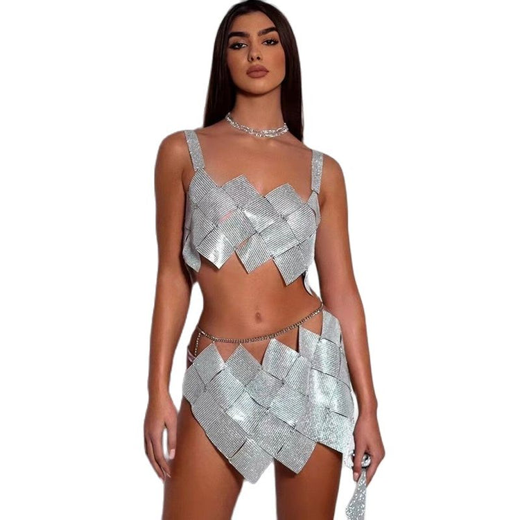 Women 2 Piece Set Shiny Crystal Sexy Hollow Out Sleeveless Backless Halter Tank Top Metal Chain Rhinestone Diamond Mini Skirt